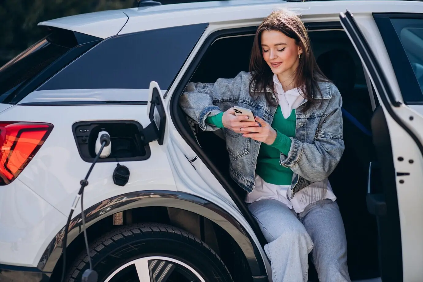 A woman is charging her electric car with a charging pistol.