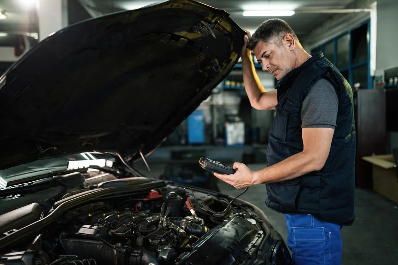 An auto mechanic using a diagnostic tool to check a car engine in a workshop.